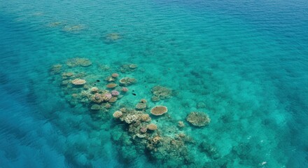 Aerial view of vibrant coral reef in crystal clear blue water