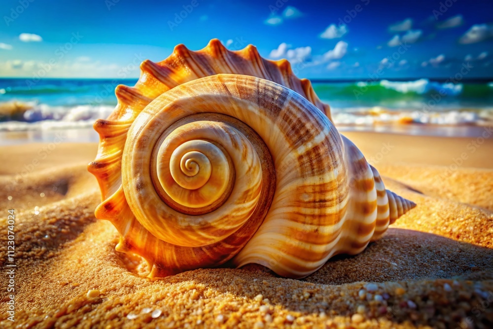 Poster stunning close-up of triplofusus giganteus shell with intricate patterns and textures on a sandy bea