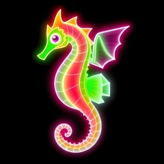 Obraz premium Glowing seahorse (Hippocampus) swimming Graphic - Vibrant Underwater Animal Illustration for Creative Projects on a Dramatic Black Background