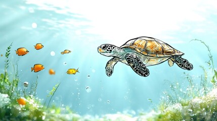 Fototapeta premium Underwater Scene with Sea Turtle Swimming Among Colorful Fish and Lush Marine Flora in Vibrant Waters