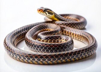 Fototapeta premium Stunning Conceptual Photography of Boiga Cynodon Snake Isolated on a Pure White Background, Showcasing Its Unique Patterns and Colors in a Captivating Artistic Presentation