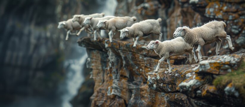 Sheep are walking along a narrow cliff edge in a mountainous area. Concept of nature's precarious balance. For nature photography or adventure themes.