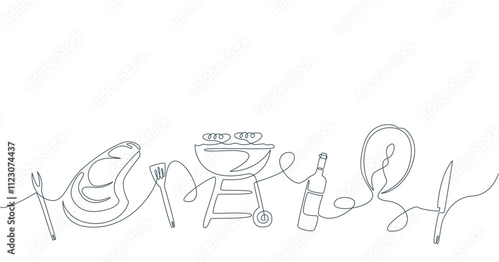 Poster grill background one continuous line drawing sign emblem. vector illustration of summer party picnic