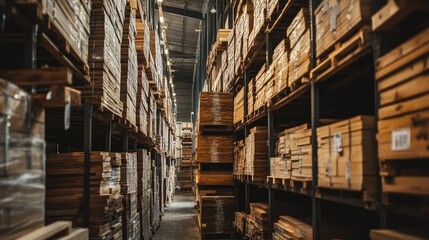 Obraz premium Rows of processed lumber stacked and labeled with tags in an organized warehouse.