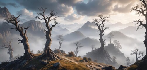 Fog-shrouded mountain ridges stretching across the sky, with rugged terrain and twisted tree trunks , terrain, twisted