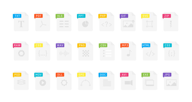 Cartoon Color File Type Different Format and Extension of Documents Icons Set Include of Pdf, Doc, Jpg and Psd. Vector illustration