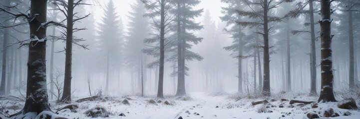 Fototapeta premium Group of snow-covered trees in forest, with mist and fog creating a mystical atmosphere, serene nature, woodland scenery