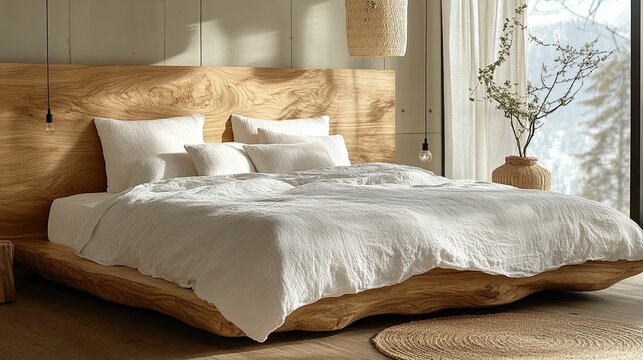 Natural teak bed with open frame design showcasing unique wood variations in a modern bedroom setting