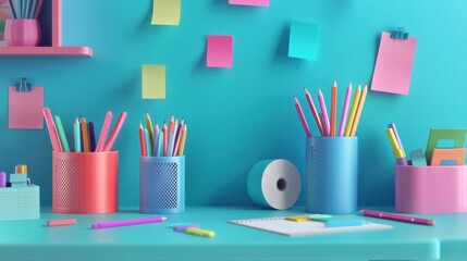Side view of a tidy school desk featuring stationery holders with colorful pens, pencils, rulers, and adhesive tape against a blue wall with sticky notes, perfect for educational promotions