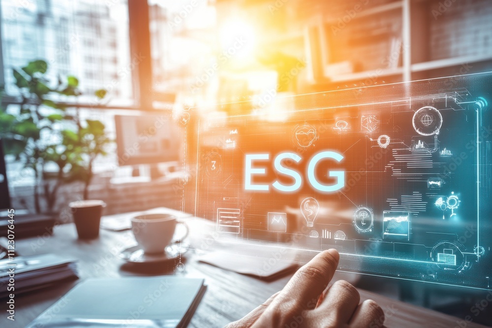 Poster professional hand selecting esg interface on a glowing screen in a bright and clean desk setup with 