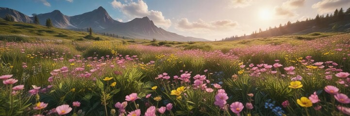 Fototapeta premium Lush meadow filled with yellow and pink wild flowers stretching towards the blue sky, meadow, environment, blossoms