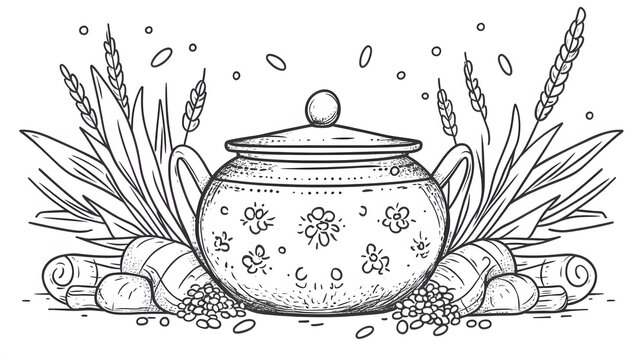 black and white teapot with floral design clip art preview