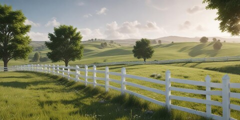 Serene countryside setting with white fence and rolling hills, tranquil, scenic view, countryside scenes, idyllic, open spaces