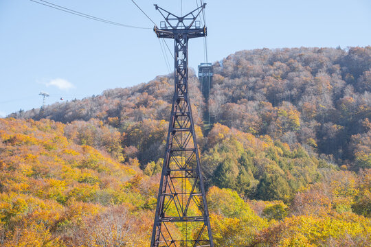 Zao mountain Yamagata Japan, ropeway amidst autumn foliage on a hillside.