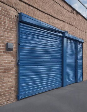Set of blue metal roller shutters in different lengths, closed, store, shop