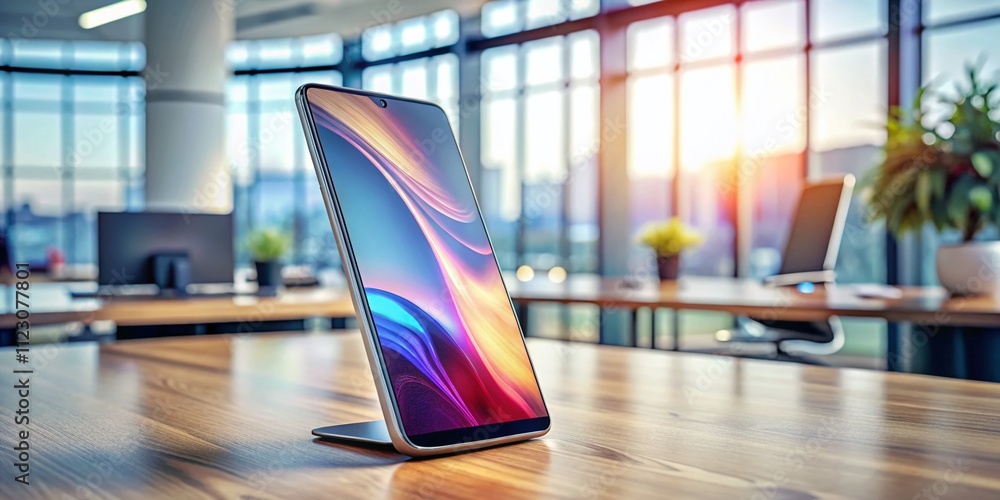 Poster stunning high depth of field image showcasing a sleek curved mobile device on a modern desk, highlig