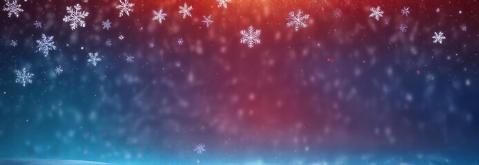 Obraz premium Snowflakes gently falling on a blue and red gradient background, soft landing snowflakes, light winter scene, blue and red gradient snowflakes