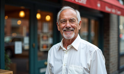Obraz premium Successful senior business owner in white shirt smiling warmly outside his storefront. Authentic lifestyle portrait capturing entrepreneurial spirit 