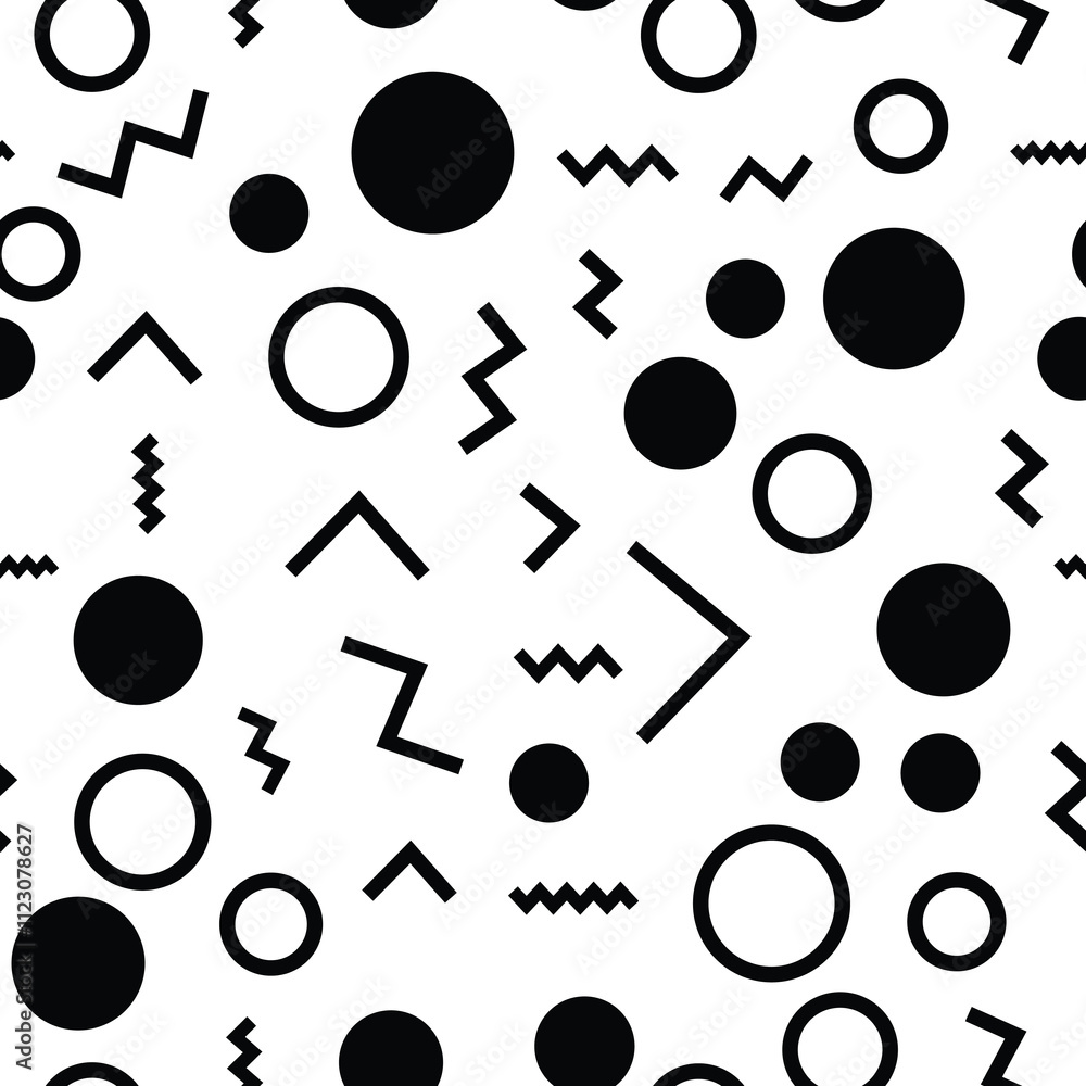 Poster seamless geometric pattern featuring black circles and various zigzag lines on a white background, c