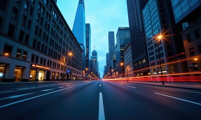 Dynamic urban cityscape at blue hour with light trails on empty street. Modern skyscrapers and office buildings frame dramatic perspective of downtown financial district at dusk