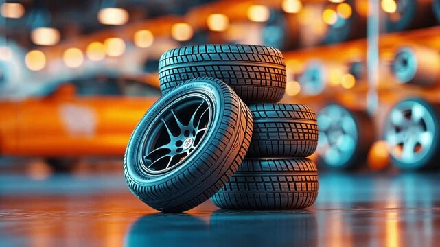 A stack of four new tires against a blurred background of a garage.