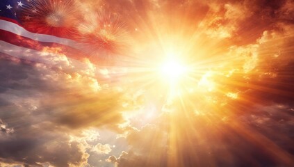 A vibrant sunset with rays of light, fireworks, and an American flag.