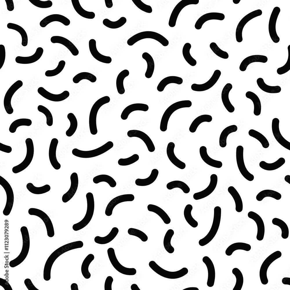 Poster seamless confetti pattern creating a dynamic visual effect, featuring scattered, curved shapes remin