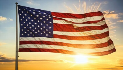 Fototapeta premium A waving American flag against a sunset backdrop, symbolizing patriotism and freedom.