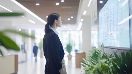 Person standing in front of a job listings board, scanning opportunities with a focused expression. The scene conveys the pursuit of career advancement and the search for meaningful employment