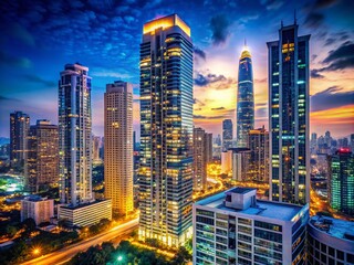 Fototapeta premium Stunning Luxury High-Rise Building Illuminated at Night with a Breathtaking City Skyline in the Background and Ample Copy Space for Your Creative Needs
