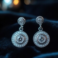 Fototapeta premium Luxurious silver drop earrings with stunning diamond encrustations resting elegantly on black velvet under dramatic lighting