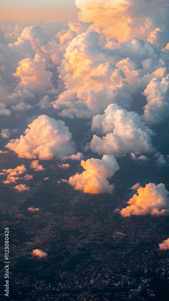 Poster aerial view of fluffy clouds illuminated by sunset, creating a serene atmosphere.
