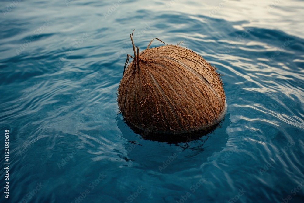 Poster serene view of a single coconut floating calmly in tranquil blue waters during soft evening light, r