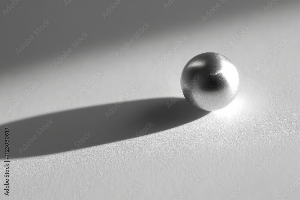 Poster serene reflection of a single metallic sphere on a clear glass surface, casting a crisp shadow in a 