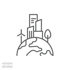 Green town icon. Simple outline style. Clean city, sustainable future, building, house, tree, earth, globe, world environment concept. Thin line symbol. Vector illustration isolated. Editable stroke.