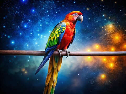 Stunning Night Photography of Electus Parrot Bird Perched on Long Bar Amidst a Starry Sky, Capturing the Vibrant Colors and Intricate Details of this Exotic Avian Species