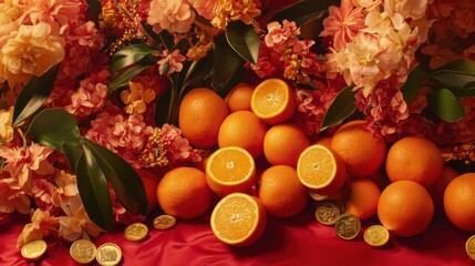 Festive arrangement of Chinese New Year items, including oranges, gold coins, and flowers on a vibrant red background