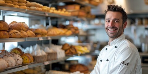 Baker in white uniform stands next to a display of various baked goods, smiling. Concept of bakery delights. For advertising a bakery business