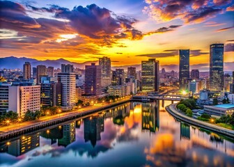 Naklejka premium Stunning Osaka Skyline at Sunset with Illuminated Landmarks and Reflections on the Water, Capturing Urban Beauty and Tranquility in a Vibrant Cityscape