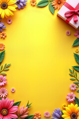 Obraz premium Holiday card. Vibrant yellow background adorned with a variety of colorful flowers and leaves, creating a festive and cheerful atmosphere. A large empty space is centrally placed.