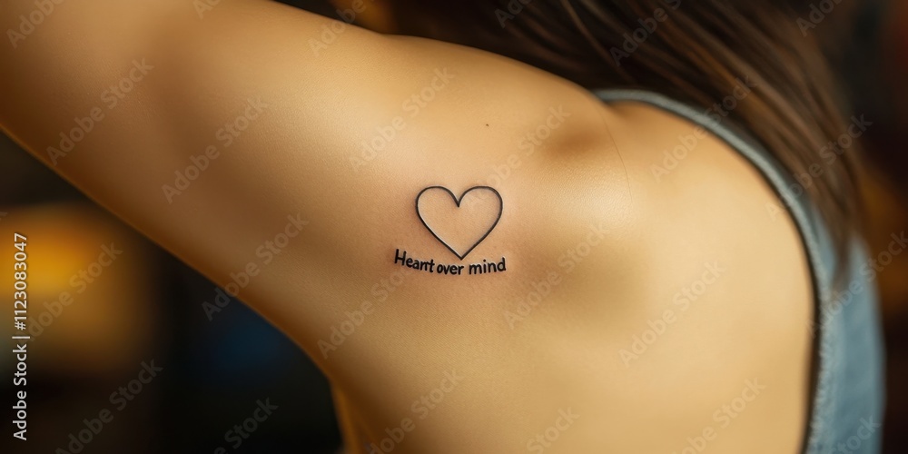 Poster delicate expression of emotion with minimalist tattoo featuring heart over mind script, artfully dis
