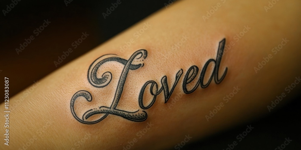 Poster delicate script tattoo of the word loved displaying soft ink texture in artistic macro focus