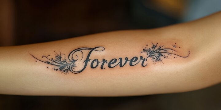 Elegant cursive tattoo of the word forever beautifully captured in macro realism on a person's arm