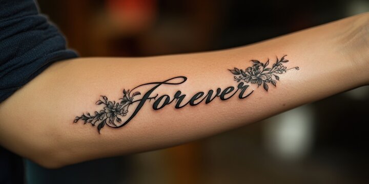 Elegant cursive tattoo reading forever adorned with floral accents captures the essence of lasting love and devotion