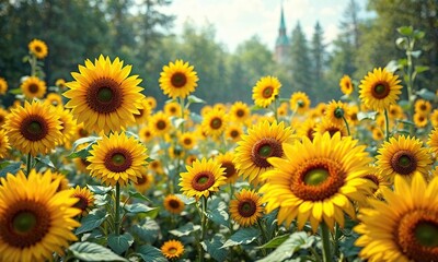 Obraz premium A garden of sunflowers with a mix of different sizes and shapes, botanicals, flower variety