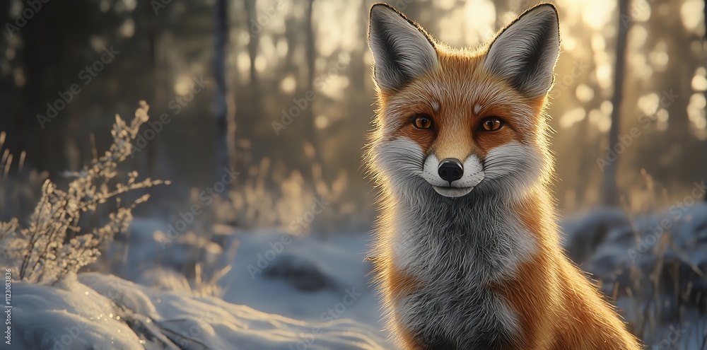 Poster a fox with a vibrant orange coat sits in a snowy forest, illuminated by soft sunlight.