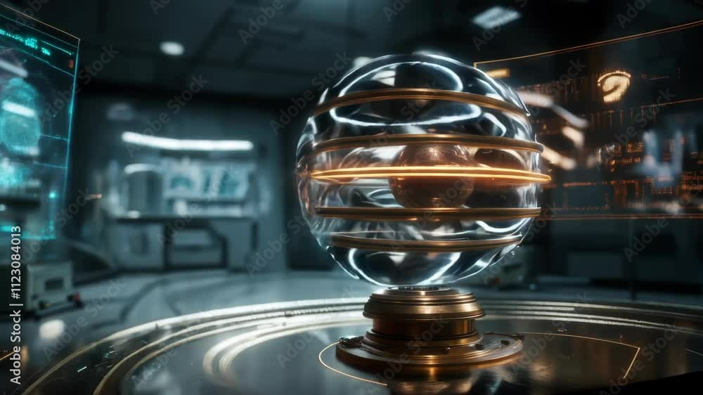Poster plasma globe rotates slowly on a metal pedestal within a laboratory, surrounded by screens displayin