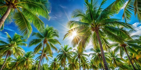 Stunning Product Photography of Coconut Trees Under a Clear Blue Sky, Perfect for Tropical Themes and Advertisements Featuring Exotic Locations and Natural Beauty