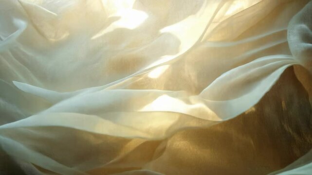 Backlit white transparent fabric flows gracefully in the wind, with sunlight shining through, creating a dreamy and ethereal atmosphere filled with soft movement and delicate textures