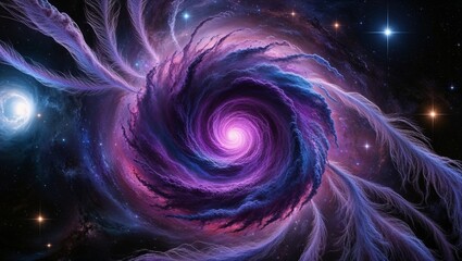 Fototapeta premium A vibrant, swirling vortex of iridescent purple and blue gases fills the center of a stunning deep space visualization, surrounded by a tapestry of twinkling stars and glowing nebulae.